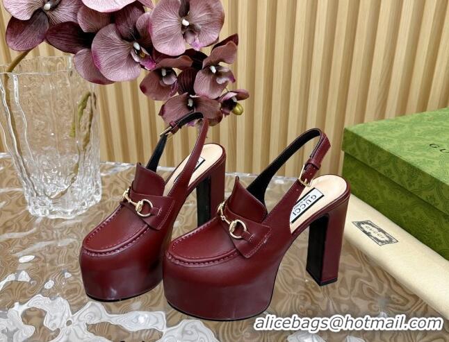 Low Cost Gucci Horsebit Platform High Heel Slingback Pumps 13.5cm in Calf Leather Dark Burgundy 814066