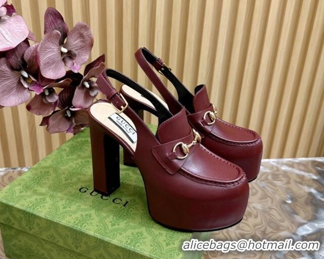 Low Cost Gucci Horsebit Platform High Heel Slingback Pumps 13.5cm in Calf Leather Dark Burgundy 814066