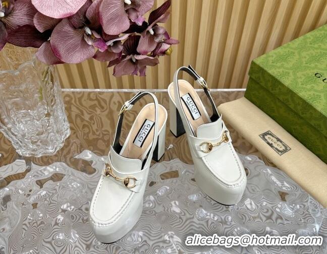 Shop Cheap Gucci Horsebit Platform High Heel Slingback Pumps 13.5cm in Calf Leather White 814067