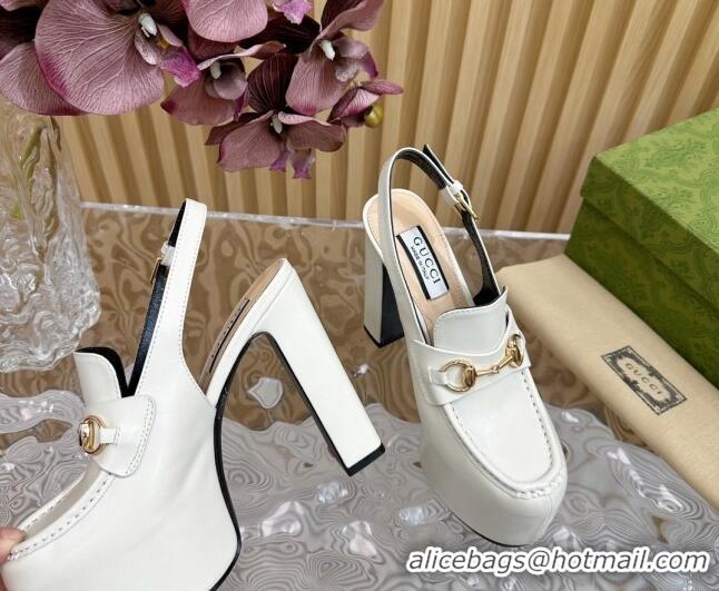 Shop Cheap Gucci Horsebit Platform High Heel Slingback Pumps 13.5cm in Calf Leather White 814067