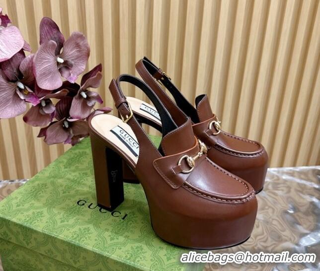 Best Product Gucci Horsebit Platform High Heel Slingback Pumps 13.5cm in Calf Leather Brown 814070