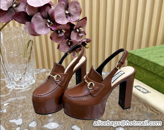 Best Product Gucci Horsebit Platform High Heel Slingback Pumps 13.5cm in Calf Leather Brown 814070