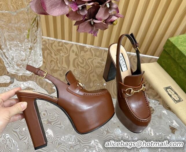 Best Product Gucci Horsebit Platform High Heel Slingback Pumps 13.5cm in Calf Leather Brown 814070