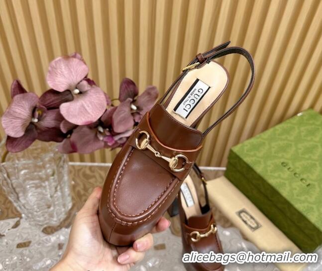 Best Product Gucci Horsebit Platform High Heel Slingback Pumps 13.5cm in Calf Leather Brown 814070