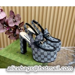 Top Design Gucci Horsebit Platform High Heel Slingback Pumps 13.5cm in GG Canvas Grey 814068