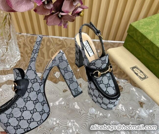 Top Design Gucci Horsebit Platform High Heel Slingback Pumps 13.5cm in GG Canvas Grey 814068