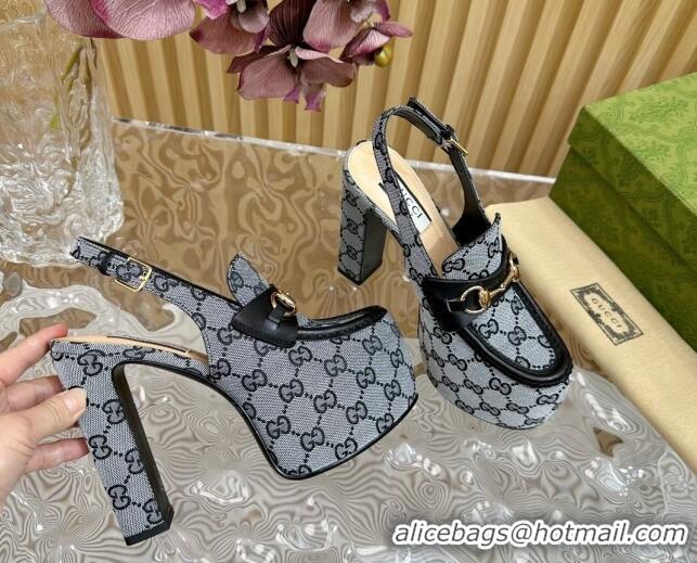 Top Design Gucci Horsebit Platform High Heel Slingback Pumps 13.5cm in GG Canvas Grey 814068