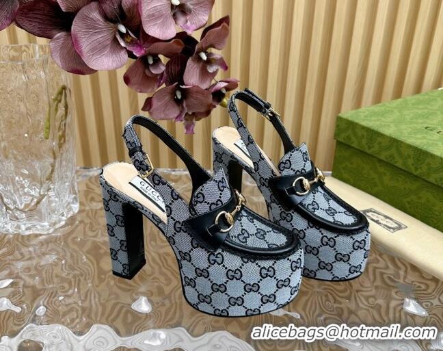 Top Design Gucci Horsebit Platform High Heel Slingback Pumps 13.5cm in GG Canvas Grey 814068