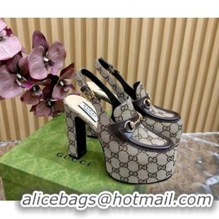 Classic Hot Gucci Horsebit Platform High Heel Slingback Pumps 13.5cm in GG Canvas Beige 814069