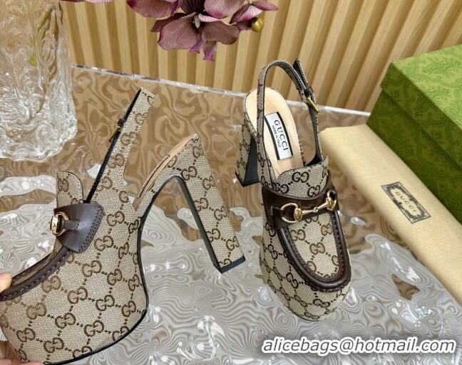 Classic Hot Gucci Horsebit Platform High Heel Slingback Pumps 13.5cm in GG Canvas Beige 814069