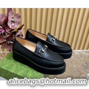 Durable Gucci Horsebit Wedge Platform Loafers Pumps 5cm in Calf Leather Black 814071