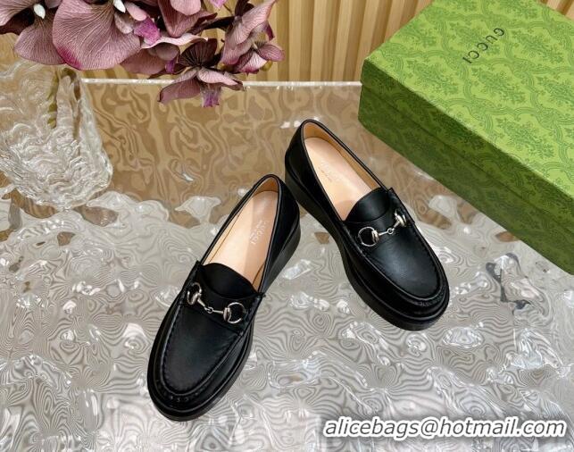 Durable Gucci Horsebit Wedge Platform Loafers Pumps 5cm in Calf Leather Black 814071