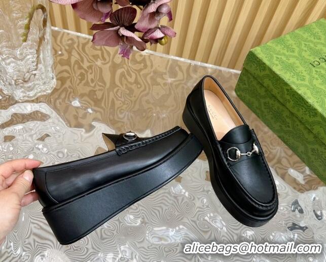 Durable Gucci Horsebit Wedge Platform Loafers Pumps 5cm in Calf Leather Black 814071