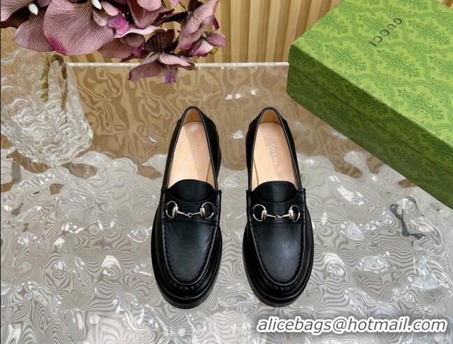 Durable Gucci Horsebit Wedge Platform Loafers Pumps 5cm in Calf Leather Black 814071