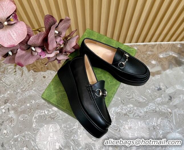 Durable Gucci Horsebit Wedge Platform Loafers Pumps 5cm in Calf Leather Black 814071