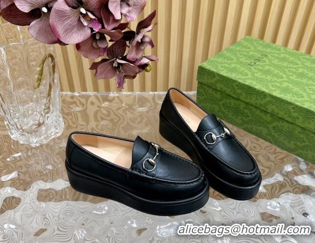 Durable Gucci Horsebit Wedge Platform Loafers Pumps 5cm in Calf Leather Black 814071