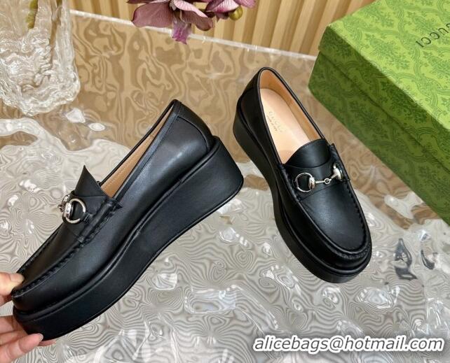 Durable Gucci Horsebit Wedge Platform Loafers Pumps 5cm in Calf Leather Black 814071