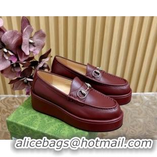 Big Discount Gucci Horsebit Wedge Platform Loafers Pumps 5cm in Calf Leather Dark Burgundy 814072