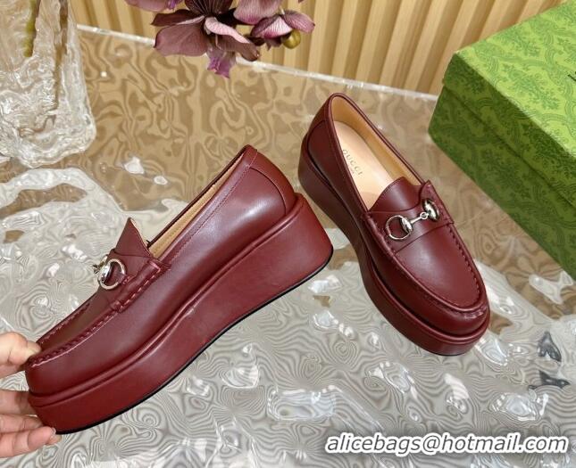 Big Discount Gucci Horsebit Wedge Platform Loafers Pumps 5cm in Calf Leather Dark Burgundy 814072