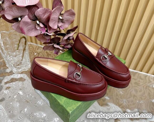 Big Discount Gucci Horsebit Wedge Platform Loafers Pumps 5cm in Calf Leather Dark Burgundy 814072