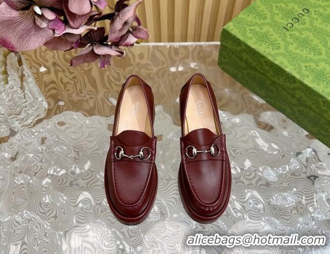 Big Discount Gucci Horsebit Wedge Platform Loafers Pumps 5cm in Calf Leather Dark Burgundy 814072