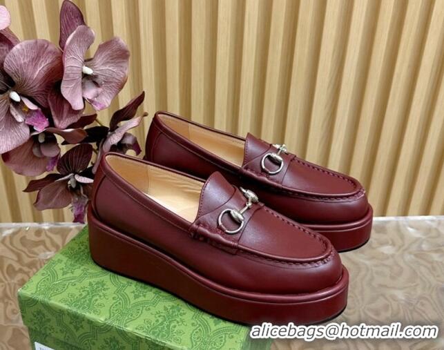 Big Discount Gucci Horsebit Wedge Platform Loafers Pumps 5cm in Calf Leather Dark Burgundy 814072