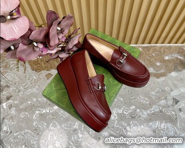 Big Discount Gucci Horsebit Wedge Platform Loafers Pumps 5cm in Calf Leather Dark Burgundy 814072