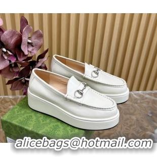 Good Looking Gucci Horsebit Wedge Platform Loafers Pumps 5cm in Calf Leather White 814073