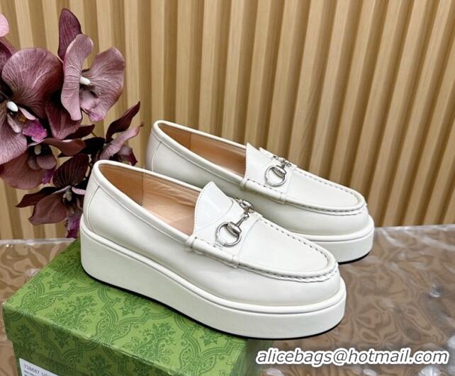 Good Looking Gucci Horsebit Wedge Platform Loafers Pumps 5cm in Calf Leather White 814073