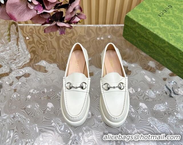 Good Looking Gucci Horsebit Wedge Platform Loafers Pumps 5cm in Calf Leather White 814073