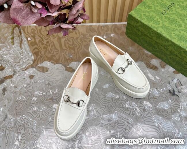 Good Looking Gucci Horsebit Wedge Platform Loafers Pumps 5cm in Calf Leather White 814073