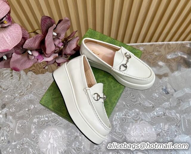 Good Looking Gucci Horsebit Wedge Platform Loafers Pumps 5cm in Calf Leather White 814073