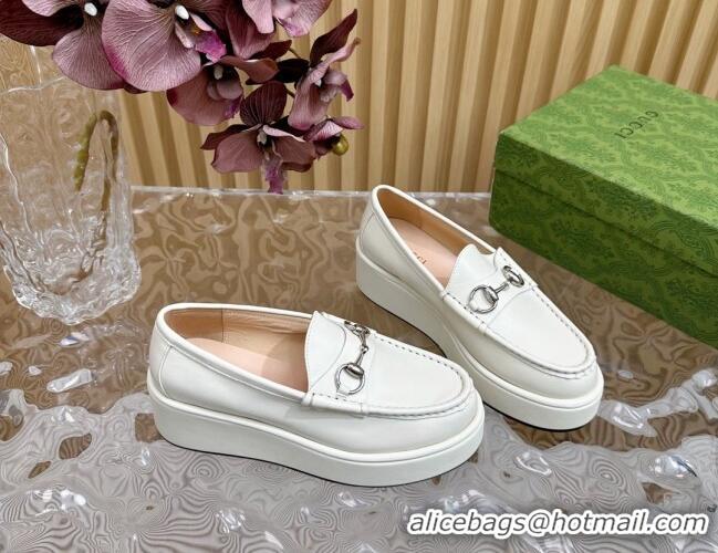 Good Looking Gucci Horsebit Wedge Platform Loafers Pumps 5cm in Calf Leather White 814073