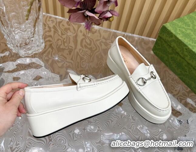 Good Looking Gucci Horsebit Wedge Platform Loafers Pumps 5cm in Calf Leather White 814073