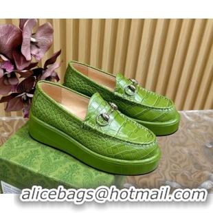 Best Price Gucci Horsebit Wedge Platform Loafers Pumps 5cm in Stone Embossed Leather Green 0814075