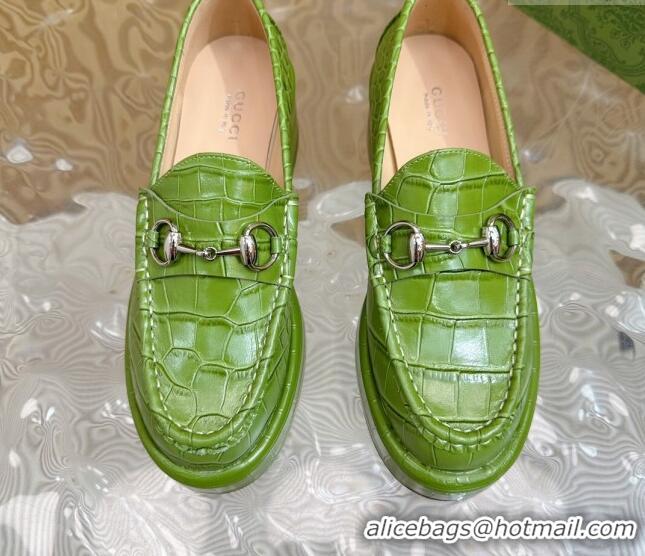 Best Price Gucci Horsebit Wedge Platform Loafers Pumps 5cm in Stone Embossed Leather Green 0814075