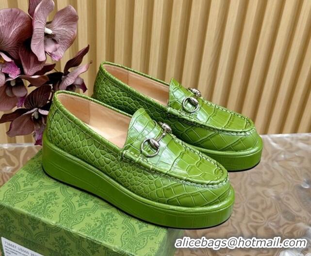 Best Price Gucci Horsebit Wedge Platform Loafers Pumps 5cm in Stone Embossed Leather Green 0814075