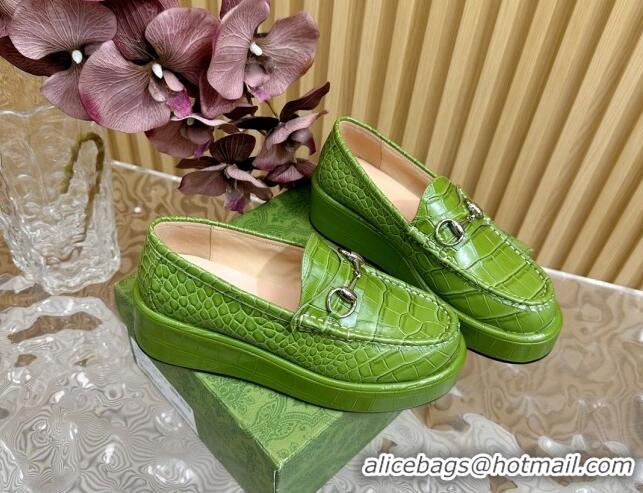 Best Price Gucci Horsebit Wedge Platform Loafers Pumps 5cm in Stone Embossed Leather Green 0814075