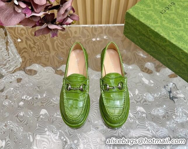 Best Price Gucci Horsebit Wedge Platform Loafers Pumps 5cm in Stone Embossed Leather Green 0814075