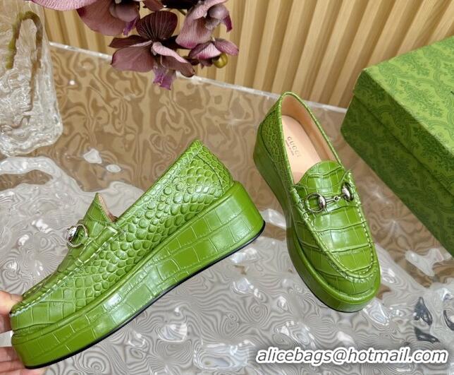 Best Price Gucci Horsebit Wedge Platform Loafers Pumps 5cm in Stone Embossed Leather Green 0814075