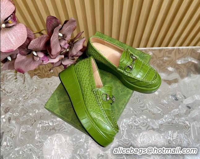 Best Price Gucci Horsebit Wedge Platform Loafers Pumps 5cm in Stone Embossed Leather Green 0814075