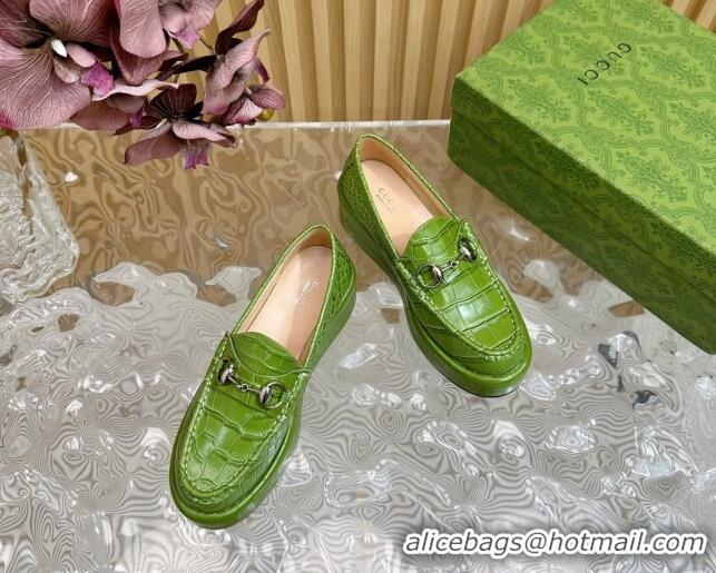 Best Price Gucci Horsebit Wedge Platform Loafers Pumps 5cm in Stone Embossed Leather Green 0814075