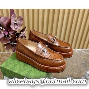 Best Product Gucci Horsebit Wedge Platform Loafers Pumps 5cm in Stone Embossed Leather Brown 0814076