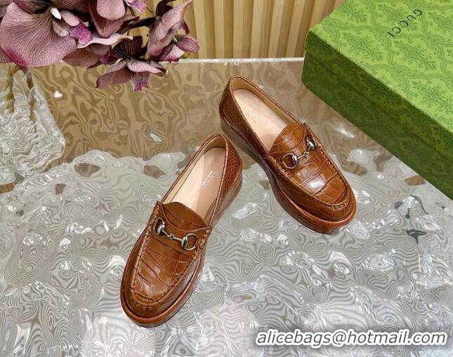 Best Product Gucci Horsebit Wedge Platform Loafers Pumps 5cm in Stone Embossed Leather Brown 0814076