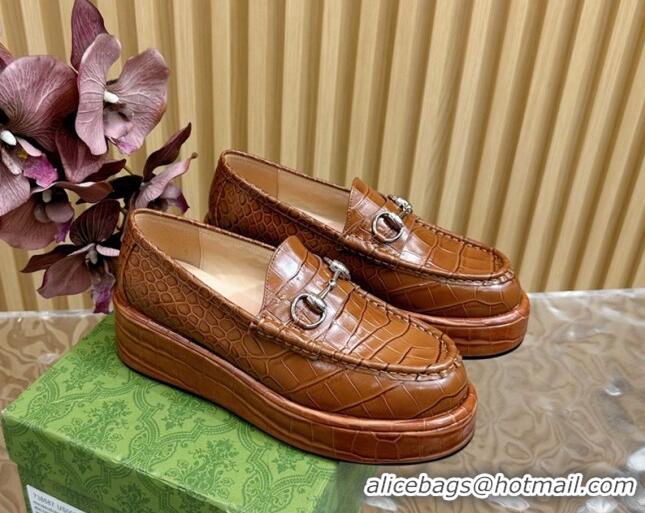 Best Product Gucci Horsebit Wedge Platform Loafers Pumps 5cm in Stone Embossed Leather Brown 0814076