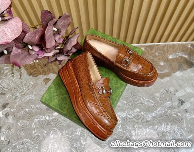 Best Product Gucci Horsebit Wedge Platform Loafers Pumps 5cm in Stone Embossed Leather Brown 0814076