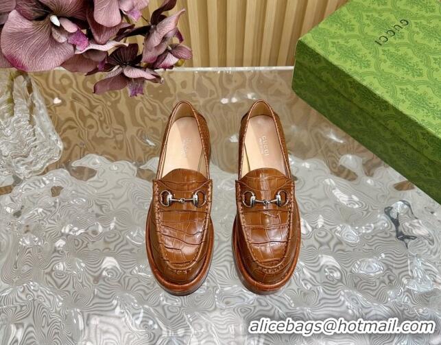 Best Product Gucci Horsebit Wedge Platform Loafers Pumps 5cm in Stone Embossed Leather Brown 0814076