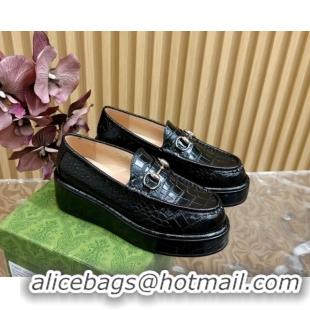 Good Quality Gucci Horsebit Wedge Platform Loafers Pumps 5cm in Stone Embossed Leather Black 814077