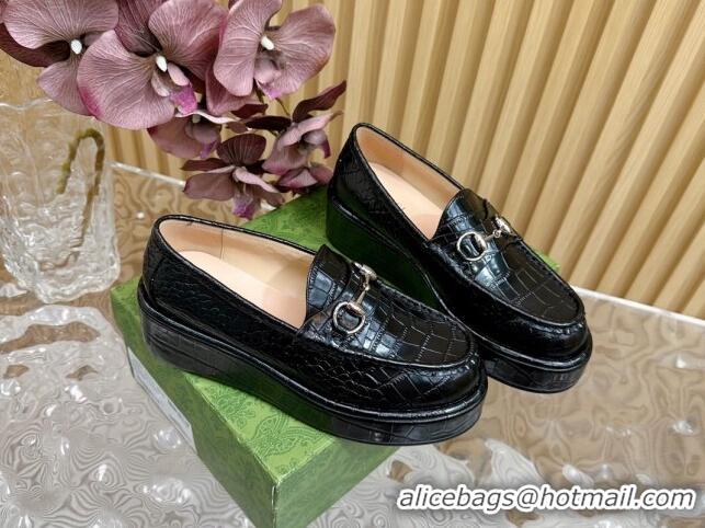 Good Quality Gucci Horsebit Wedge Platform Loafers Pumps 5cm in Stone Embossed Leather Black 814077