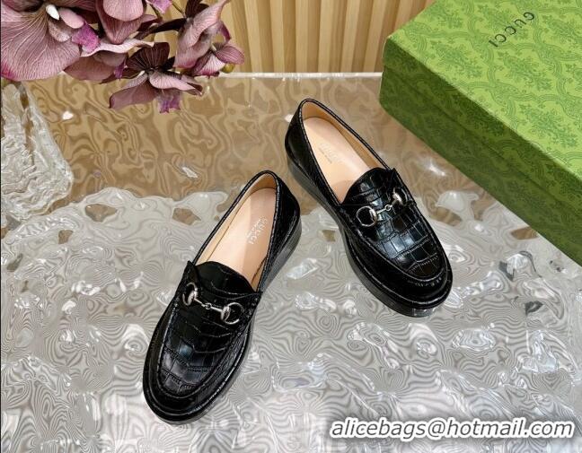 Good Quality Gucci Horsebit Wedge Platform Loafers Pumps 5cm in Stone Embossed Leather Black 814077